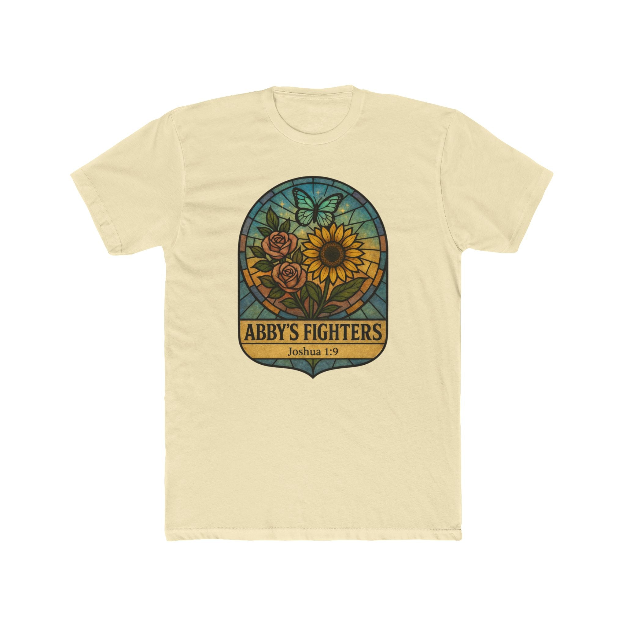 Abby’s Fighters T‑Shirt — Floral Stained Glass Sunflower Design (Joshua 1:9)