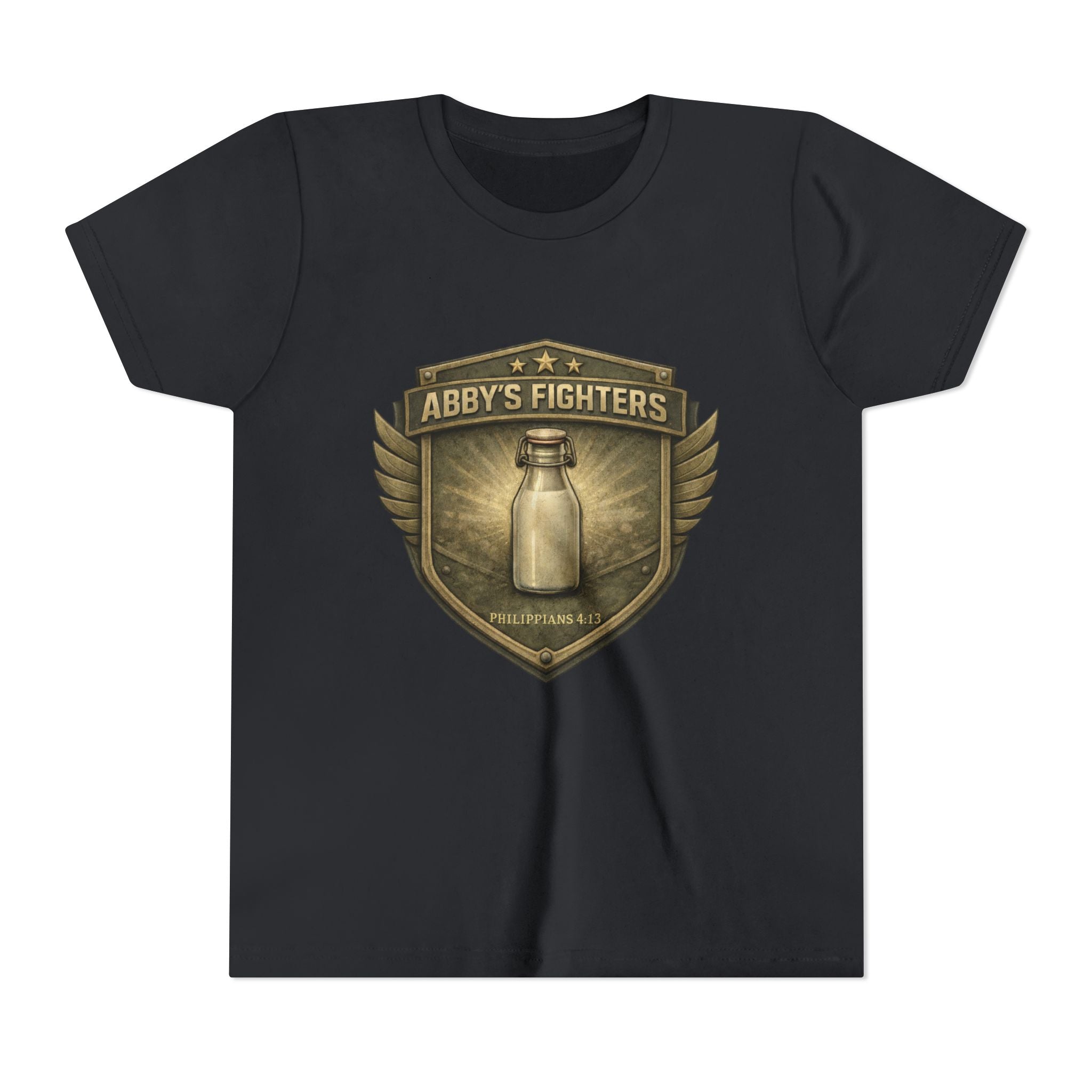 Youth Tee — "Abby's Fighters" Milk Bottle Badge Graphic