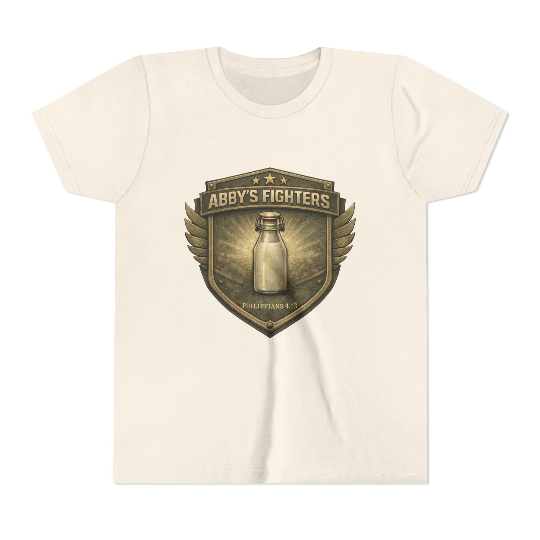 Youth Tee — "Abby's Fighters" Milk Bottle Badge Graphic