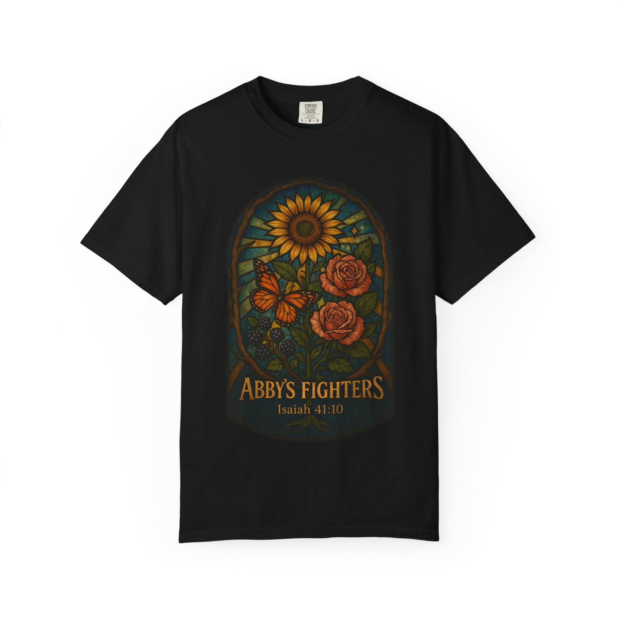 Abby’s Fighters Floral Stained-Glass T-Shirt — Isaiah 41:10 Support Tee