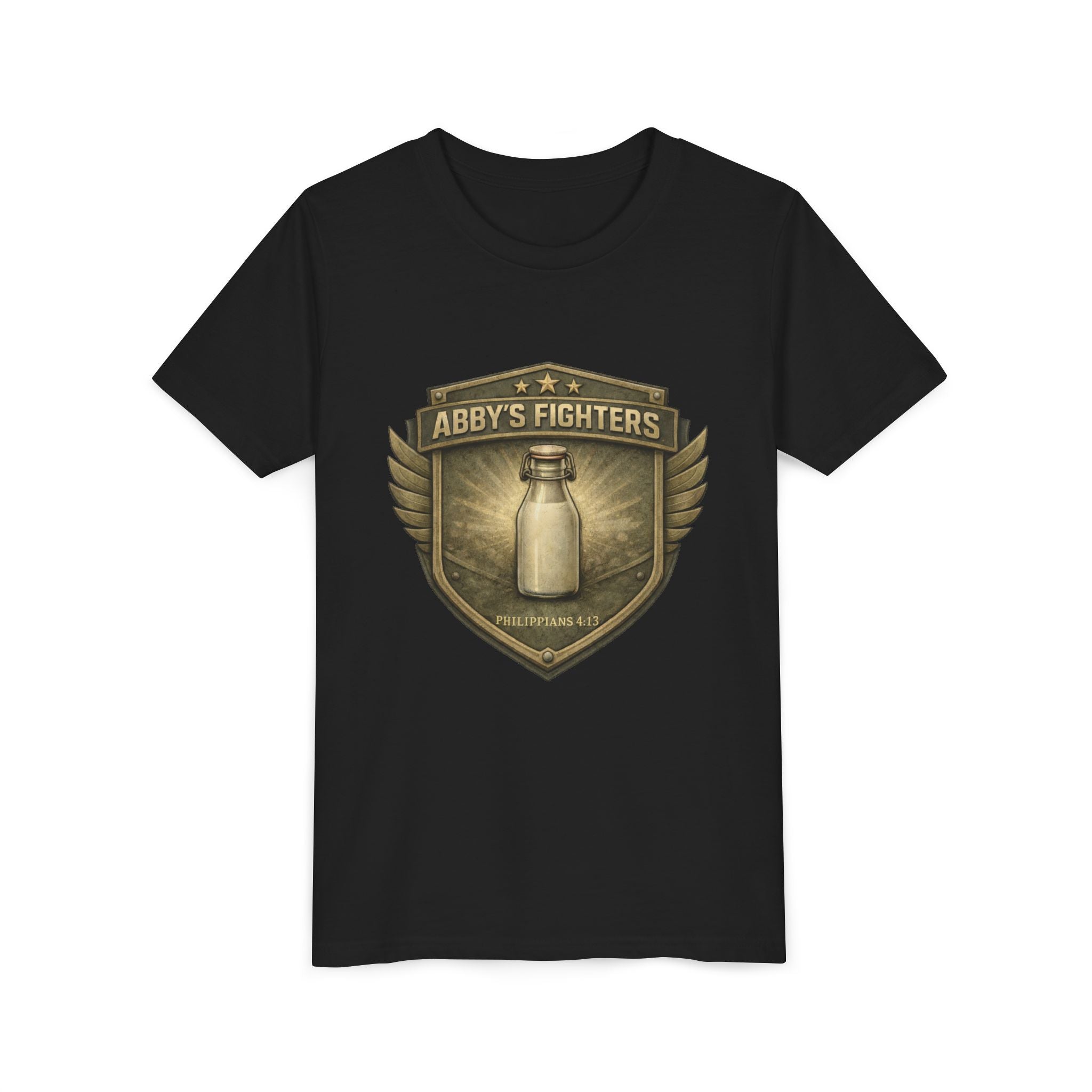 Youth Tee — "Abby's Fighters" Milk Bottle Badge Graphic
