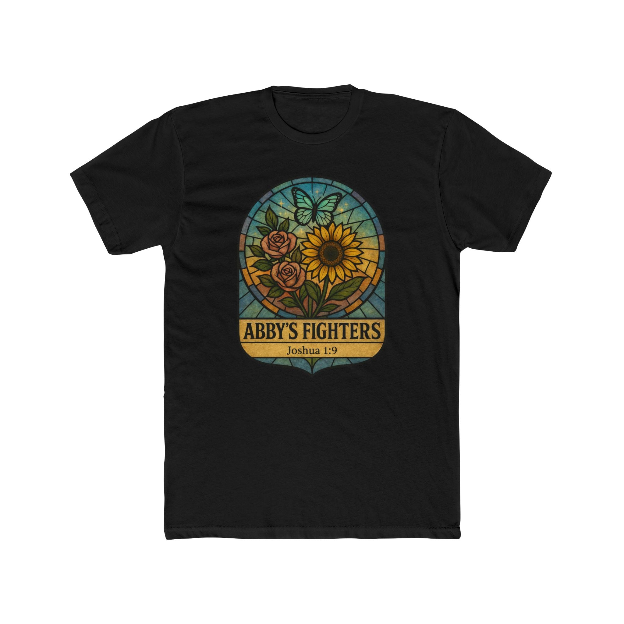Abby’s Fighters T‑Shirt — Floral Stained Glass Sunflower Design (Joshua 1:9)