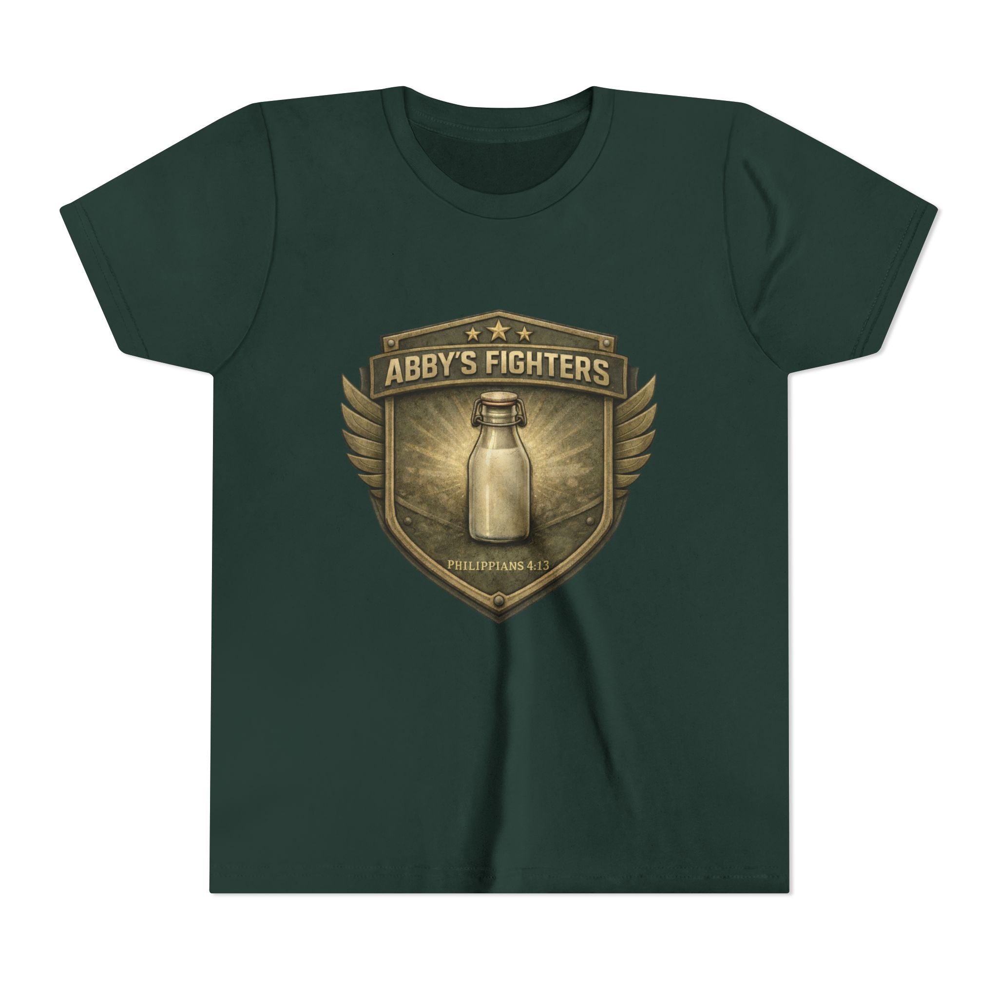 Youth Tee — "Abby's Fighters" Milk Bottle Badge Graphic