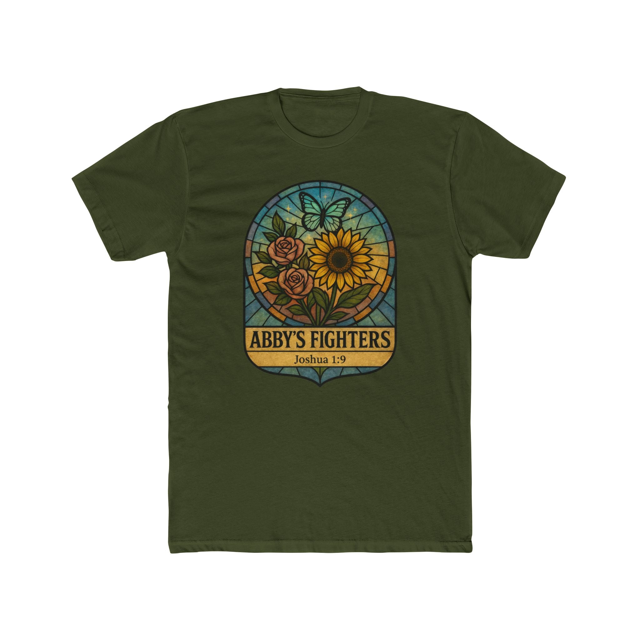 Abby’s Fighters T‑Shirt — Floral Stained Glass Sunflower Design (Joshua 1:9)