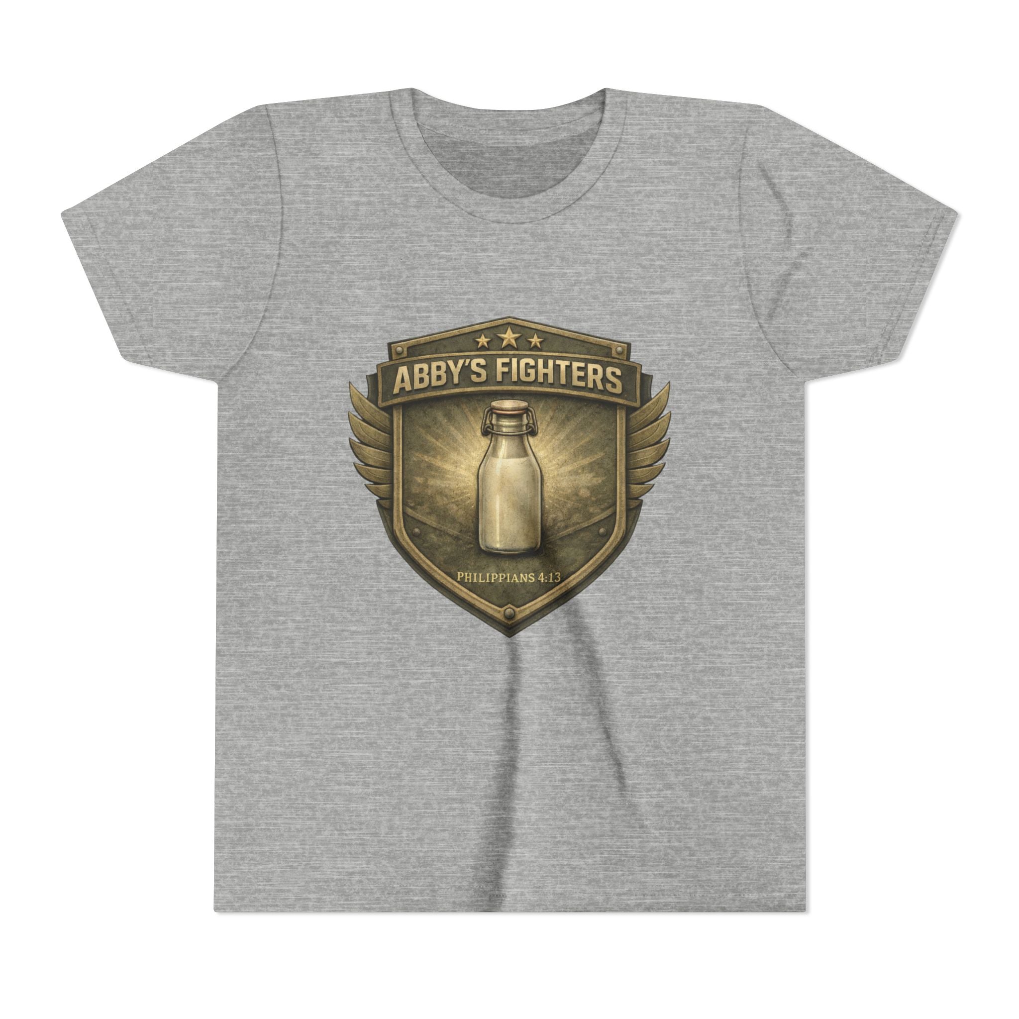 Youth Tee — "Abby's Fighters" Milk Bottle Badge Graphic