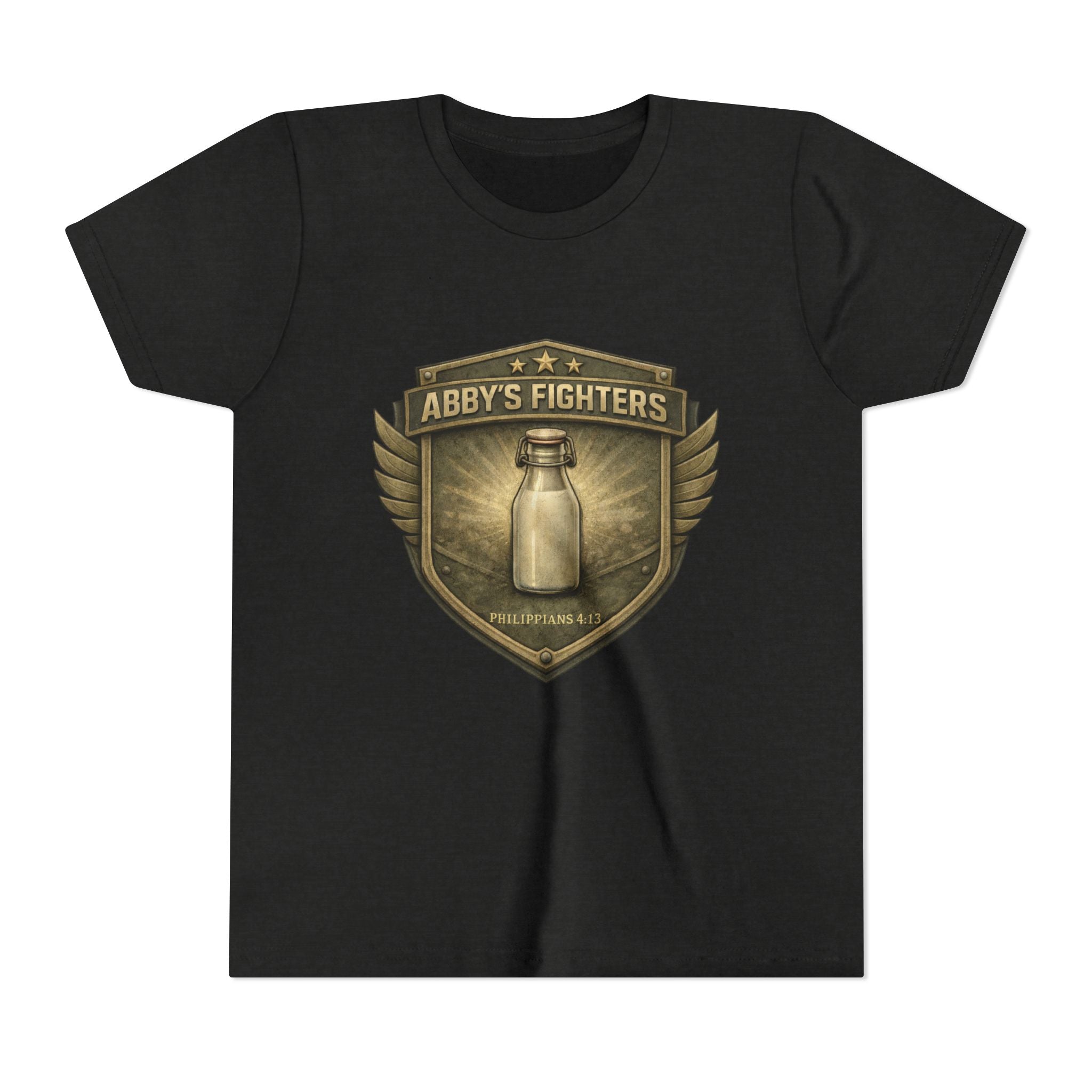 Youth Tee — "Abby's Fighters" Milk Bottle Badge Graphic