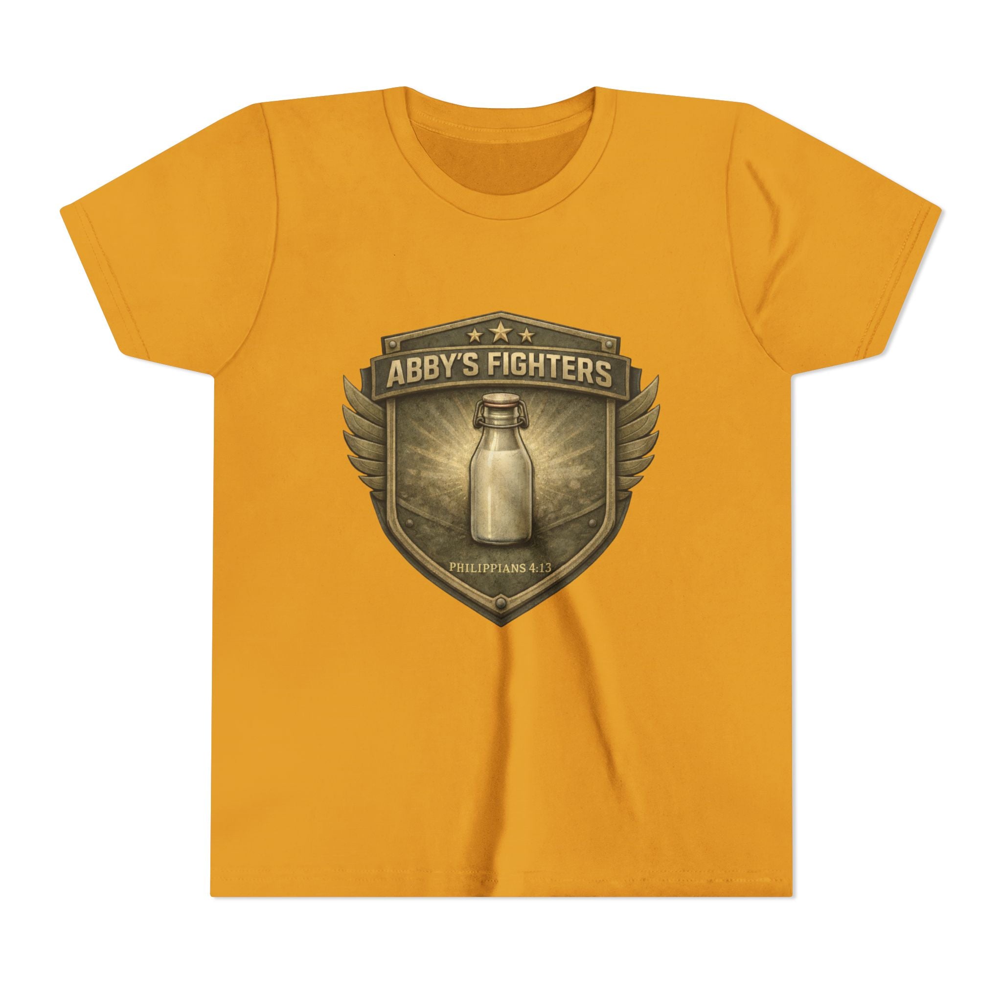 Youth Tee — "Abby's Fighters" Milk Bottle Badge Graphic