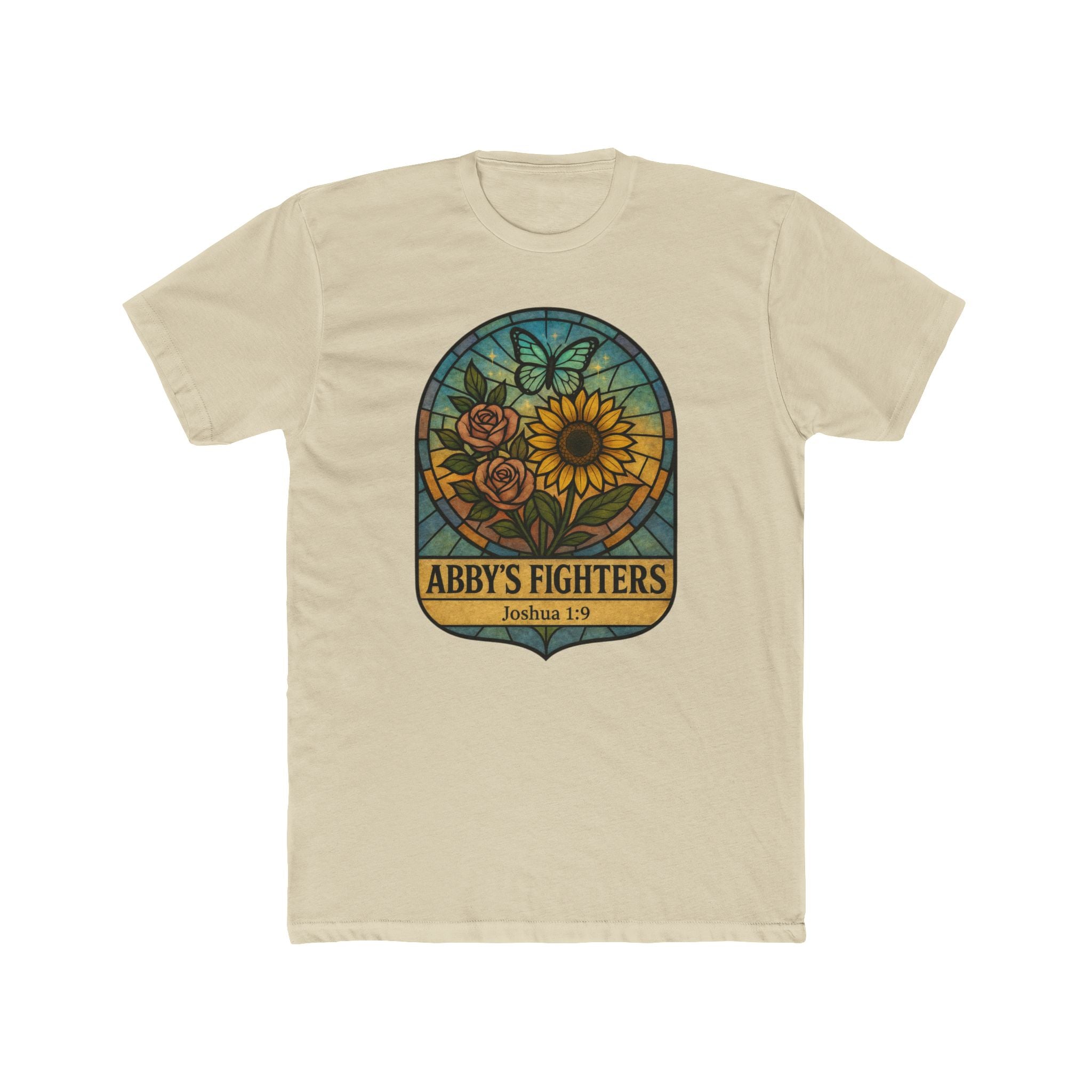 Abby’s Fighters T‑Shirt — Floral Stained Glass Sunflower Design (Joshua 1:9)
