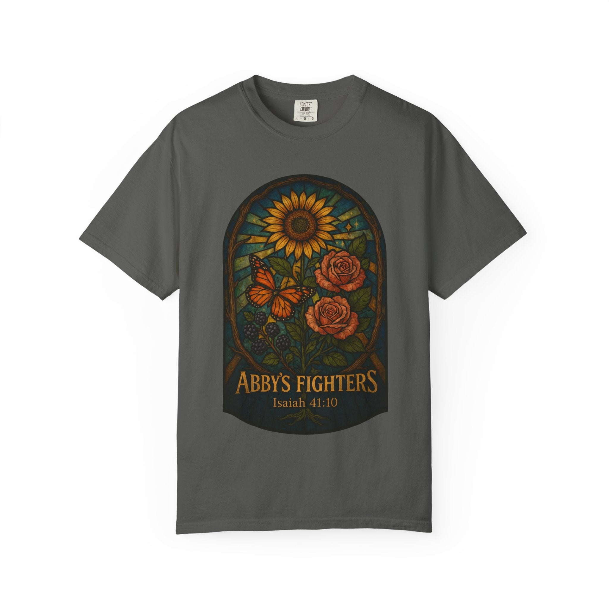 Abby’s Fighters Floral Stained-Glass T-Shirt — Isaiah 41:10 Support Tee