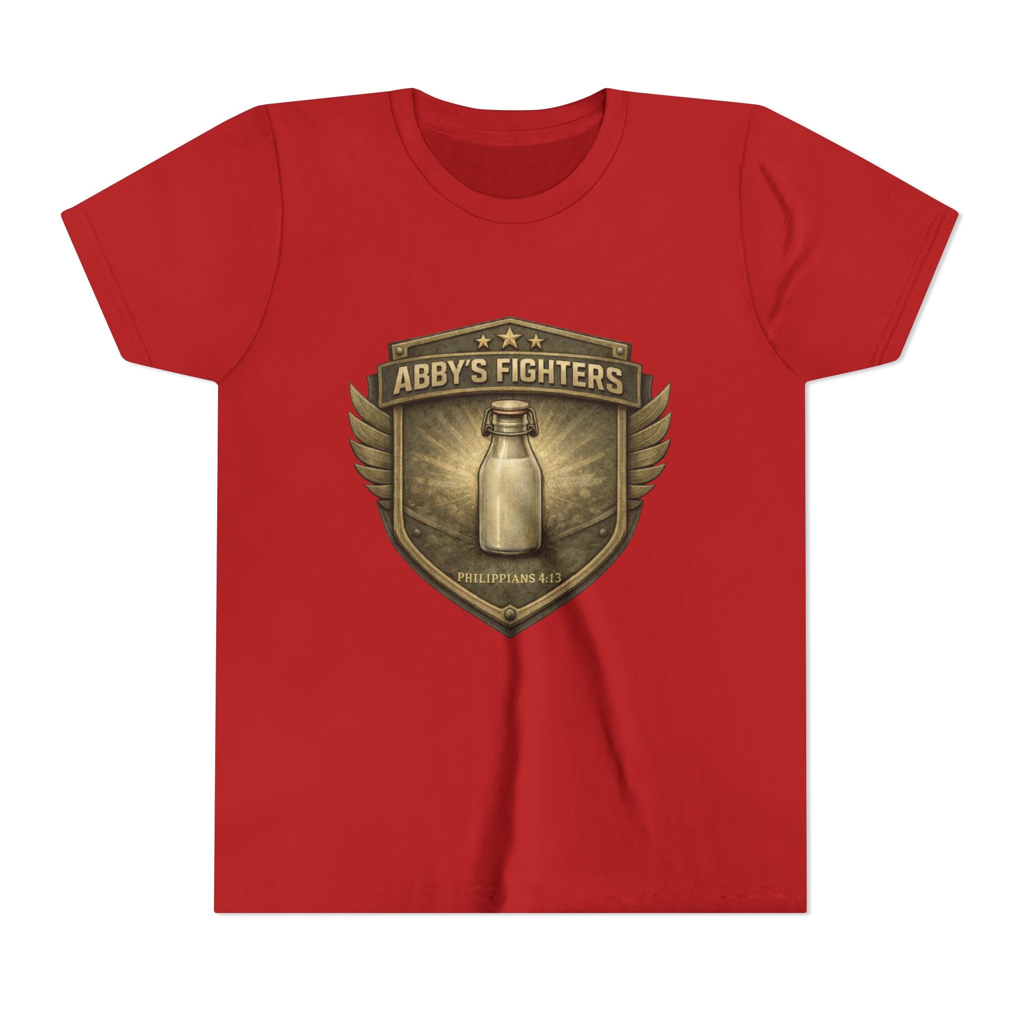 Youth Tee — "Abby's Fighters" Milk Bottle Badge Graphic