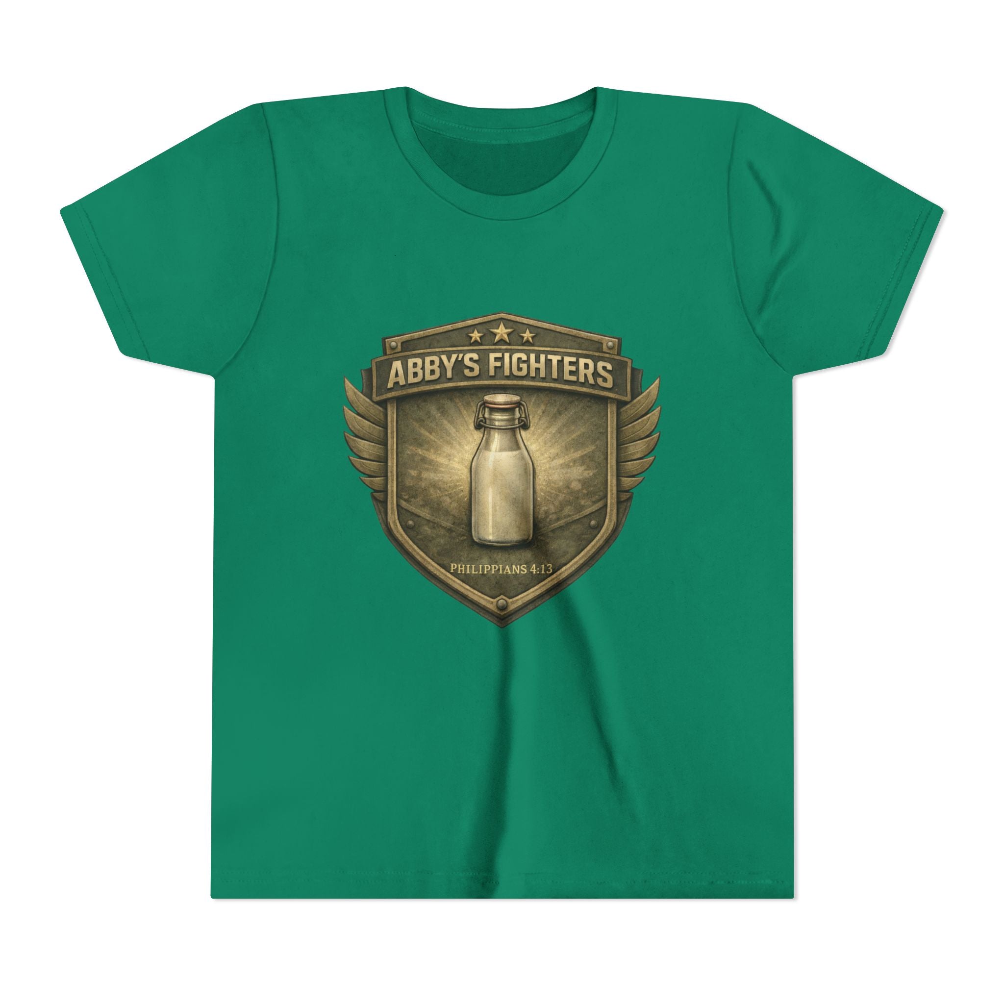 Youth Tee — "Abby's Fighters" Milk Bottle Badge Graphic
