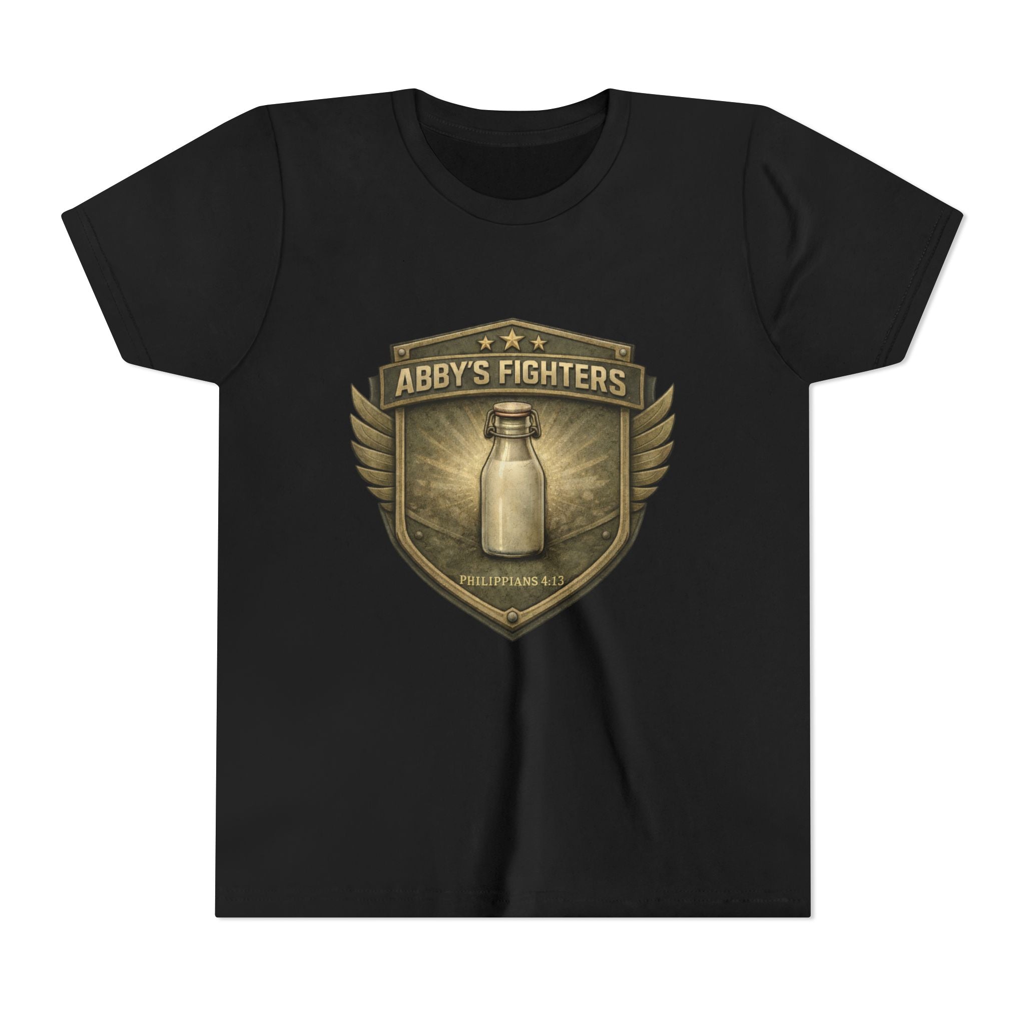 Youth Tee — "Abby's Fighters" Milk Bottle Badge Graphic