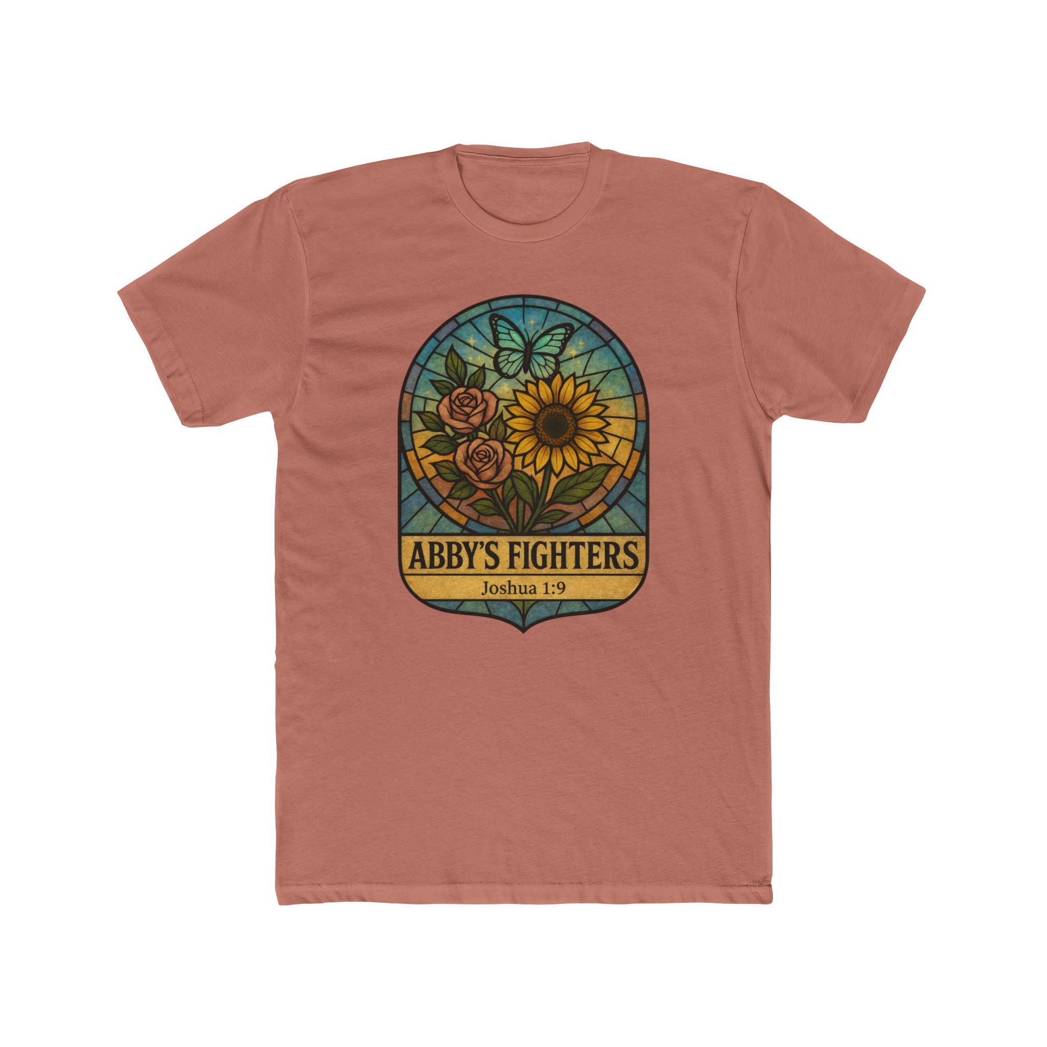 Abby’s Fighters T‑Shirt — Floral Stained Glass Sunflower Design (Joshua 1:9)